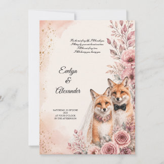 Invitación Cute Zorra Novia y Novio Rosa Floral Dorado