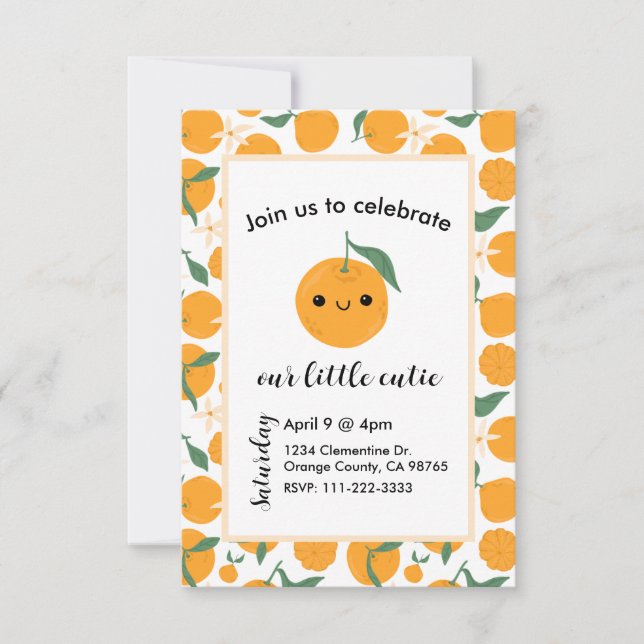 Invitación Cutie Clementine Mandarin Tangerine Naranja Blue (Anverso)
