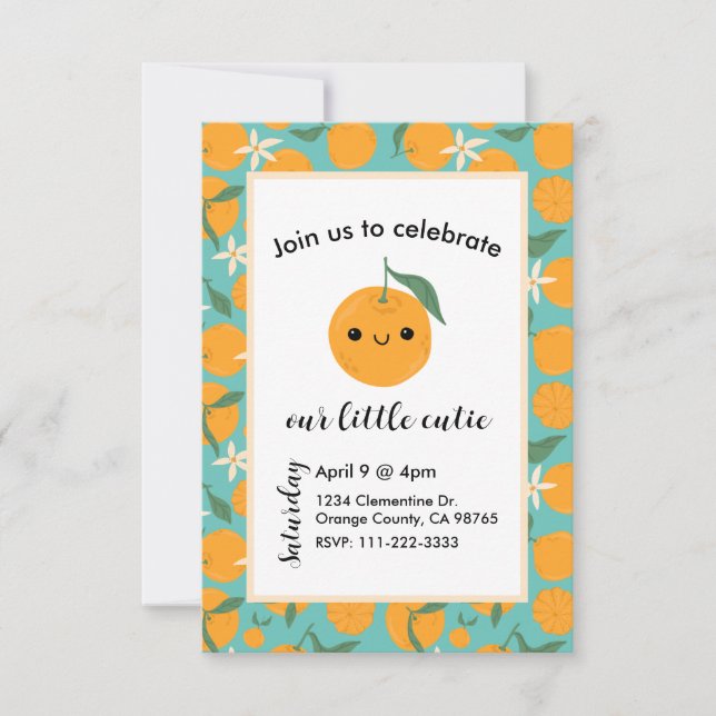 Invitación Cutie Clementine Mandarin Tangerine Naranja Blue (Anverso)