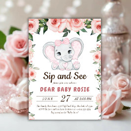 Invitación Cutie Elephant Rubor Pink Floral Sip y See