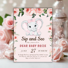 Invitación Cutie Elephant Rubor Pink Floral Sip y See