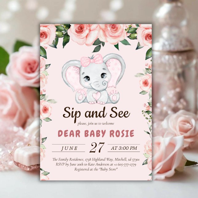 Invitación Cutie Elephant Rubor Pink Floral Sip y See (Cutie Elephant Blush Pink Floral Sip and See Invitation)