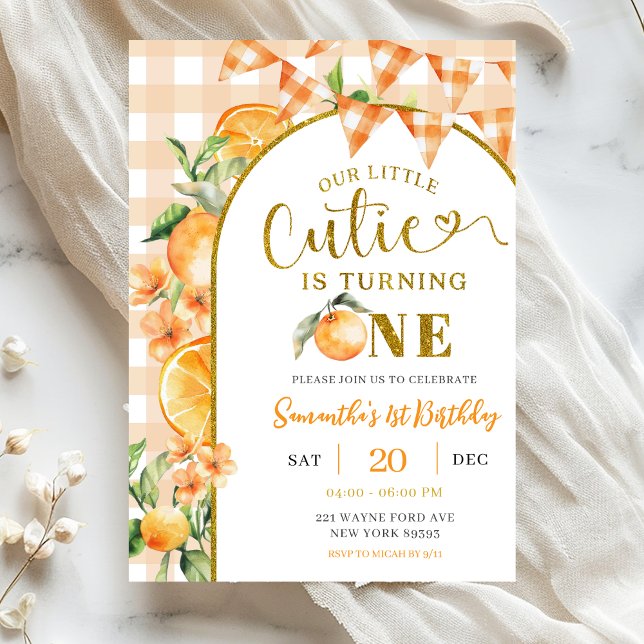 Invitación Cutie Orange Gingham 1st birthday (Subido por el creador)