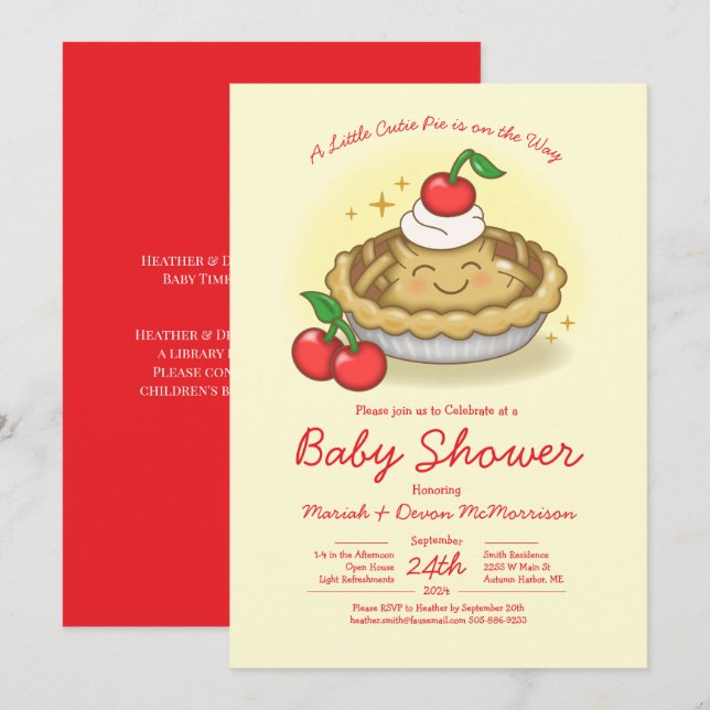 Invitación Cutie Pie Baby Shower Cherry (Anverso / Reverso)