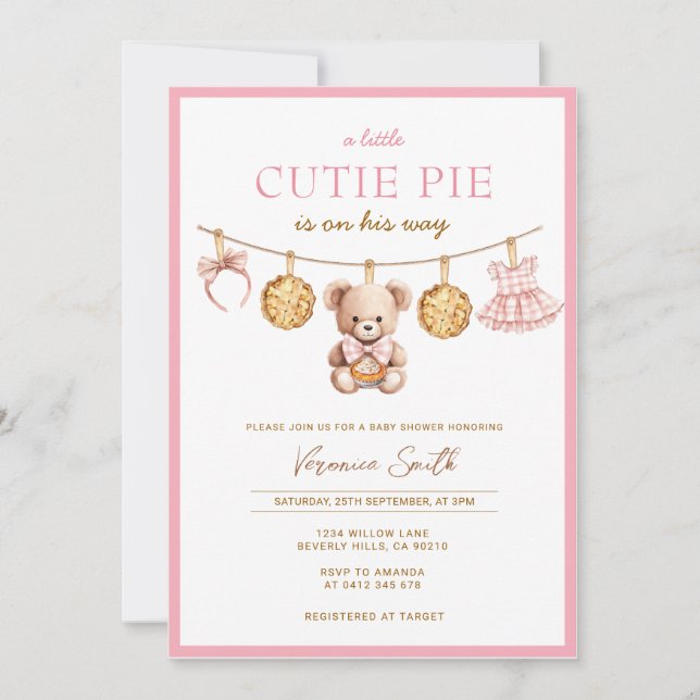 Invitación Cutie Pie Bear Girl Baby Shower Invitation (Anverso)