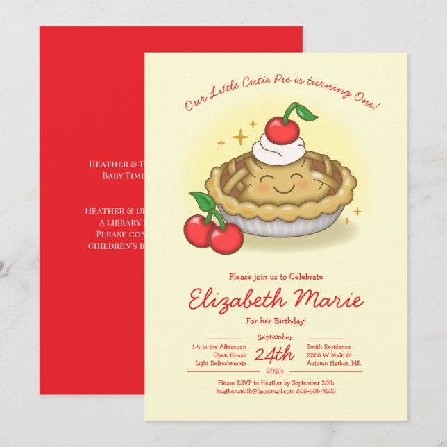 Invitación Cutie Pie Birthday Party Kids Cherry (Anverso / Reverso)