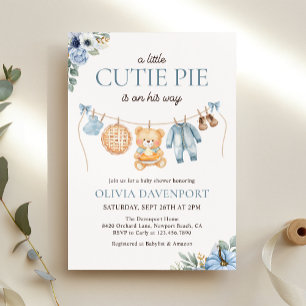 Invitación Cutie Pie Blue Fall Teddy Bear Boy Baby Shower
