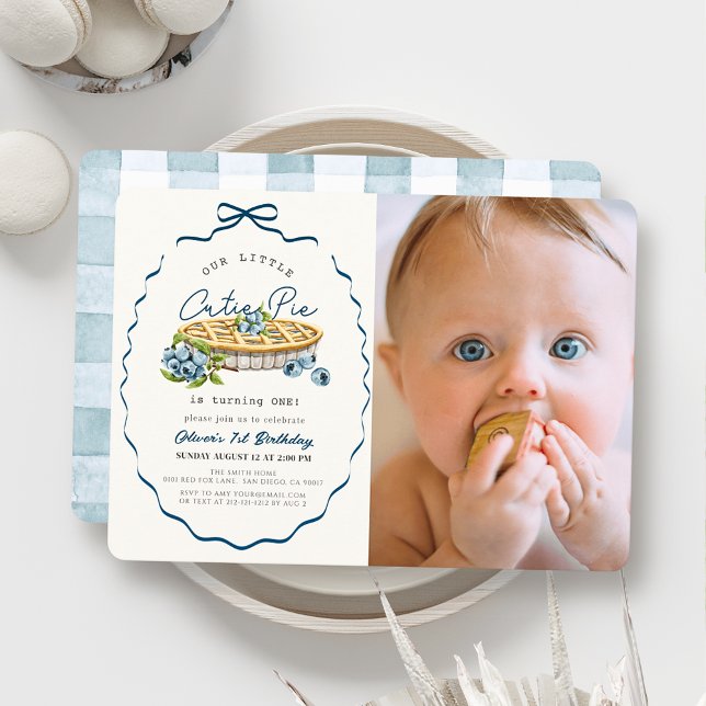 Invitación Cutie Pie Blueberry Blue Bow Photo 1st Birthday (Subido por el creador)