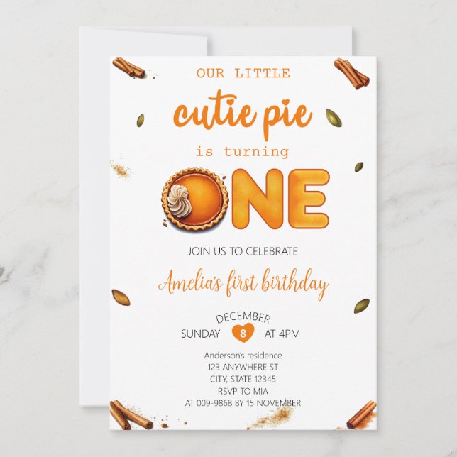 Invitación Cutie Pie Fall Rústico Naranja Gingham 1er cumplea (Anverso)