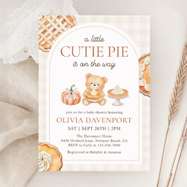 Invitación Cutie Pie Gingham Teddy Bear Fall Baby Shower (Subido por el creador)