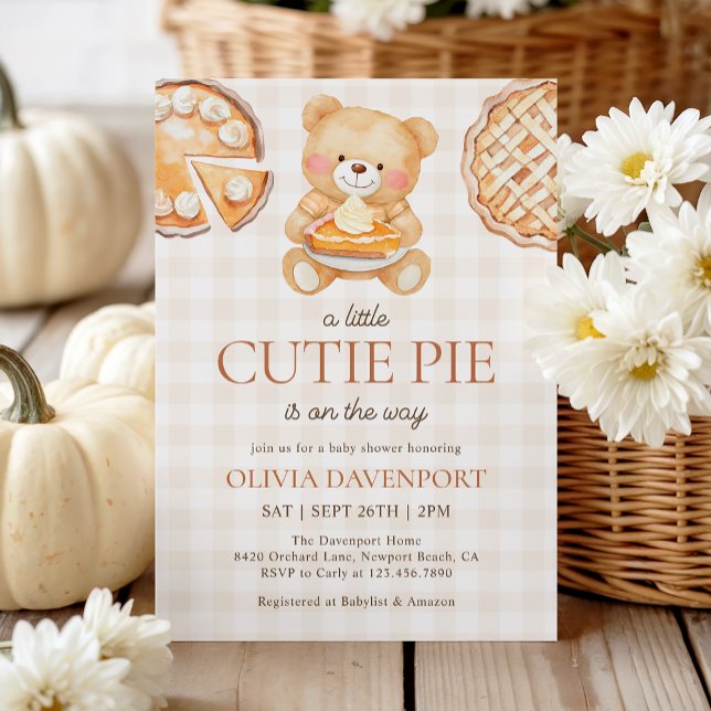 Invitación Cutie Pie Gingham Teddy Bear Fall Baby Shower (Subido por el creador)