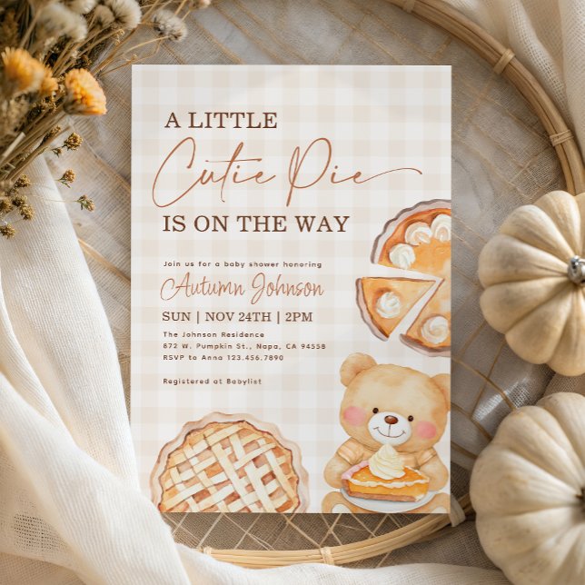 Invitación Cutie Pie Gingham Teddy Bear Fall Baby Shower (Subido por el creador)