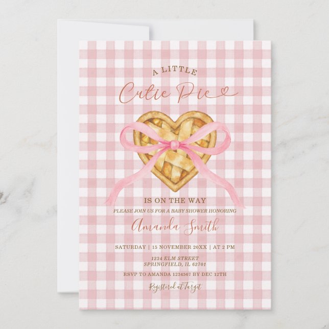 Invitación Cutie Pie Heart Pink Bow Gingham Fall Baby Shower (Anverso)