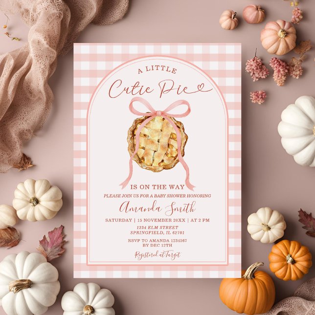 Invitación Cutie Pie Pastel Rosa Bow Gingham Fall Baby Shower (Subido por el creador)