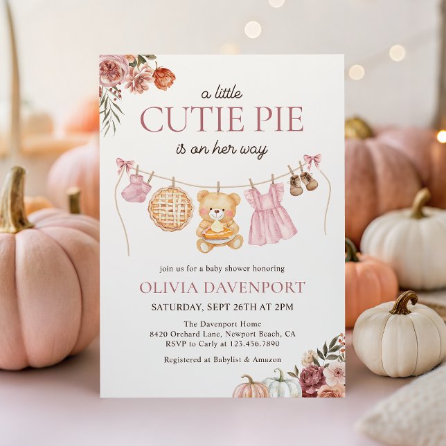 Invitación Cutie Pie Rosa Fall Teddy Bear Chica Baby Shower (Subido por el creador)