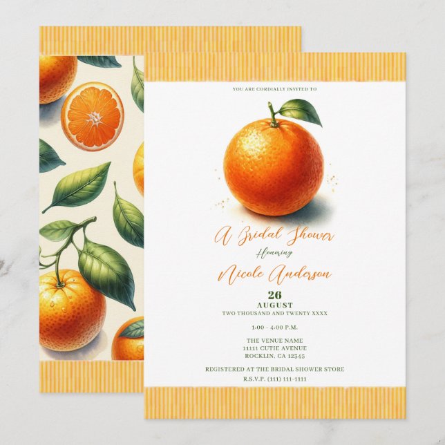 Invitación Cutie Watercolor Naranja Bridal Shower (Anverso / Reverso)