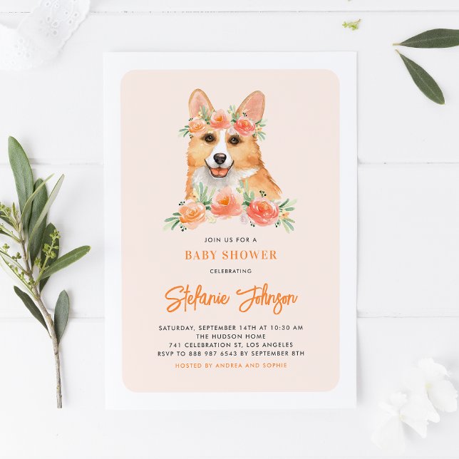 Invitación Cuto acuarela Corgi Peach Floral Baby Shower (Subido por el creador)