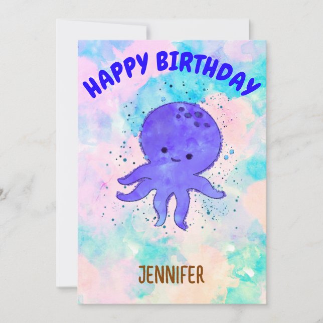Invitación Cuto azul Octopus Personalizado acuarela (Anverso)