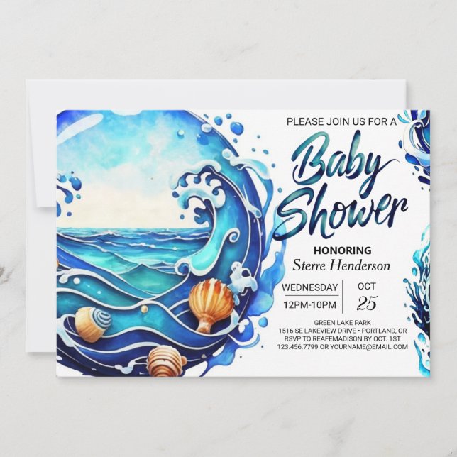 Invitación Cuto azul Waves Watercolor Baby Shower (Anverso)