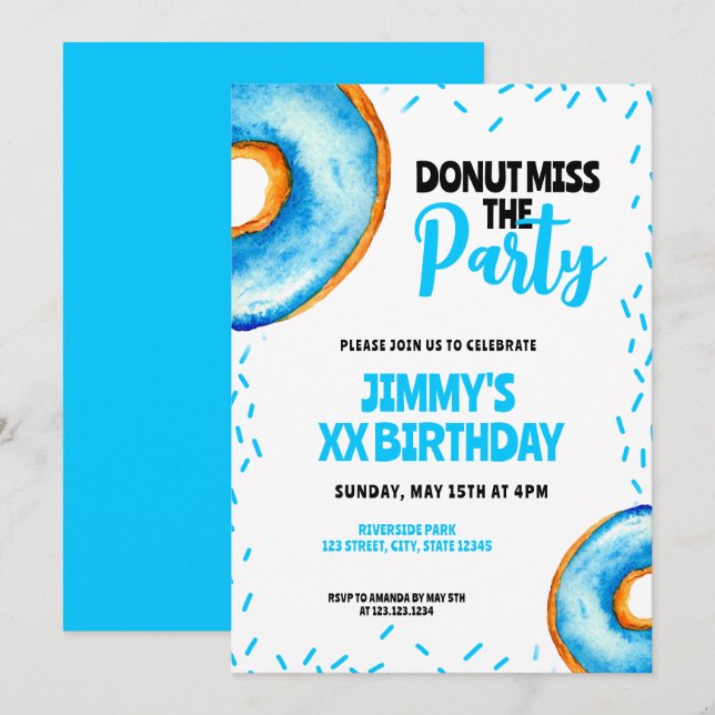 Invitación Cuto azul y color blanco Donut Boy Cumpleaños (Anverso / Reverso)