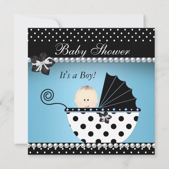 Invitación Cuto Baby Shower Baby Boy Blue Black Pram (Anverso)