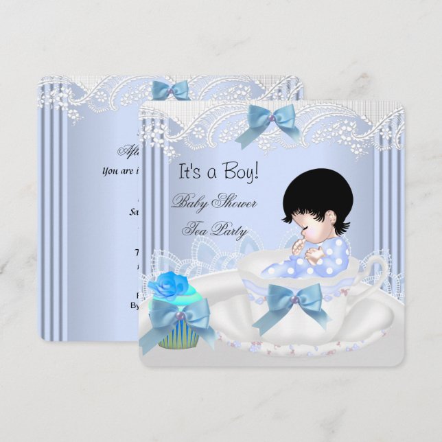 Invitación Cuto Baby Shower Boy Blue Baby Teacup (Anverso / Reverso)