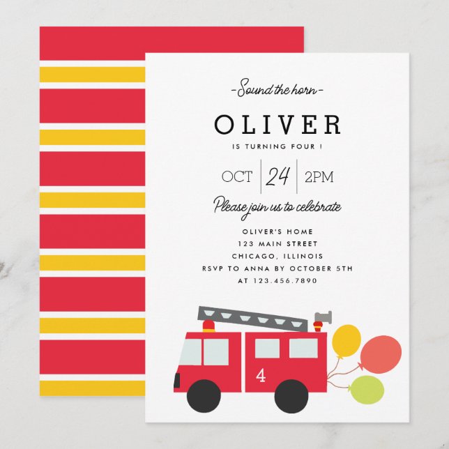 Invitación Cuto camión de bomberos y globos niños Fiesta de c (Anverso / Reverso)