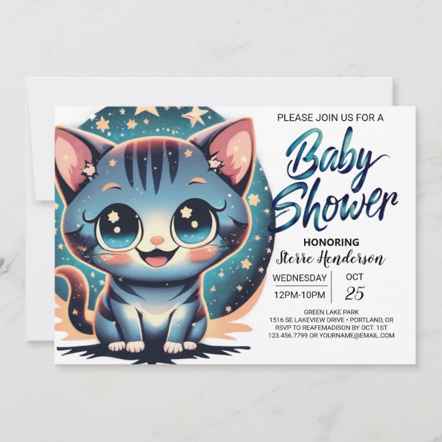 Invitación Cuto Cat Digital Boy Baby Shower (Anverso)