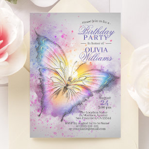 Invitación Cuto colorido acuarela Mariposa fiesta de cumpleañ