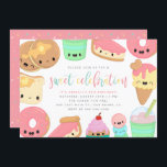 Invitación Cuto colorido Kawaii Sweet Elements Kids Cumpleaño<br><div class="desc">Semejante ocasión especial merece una celebración muy dulce. Esta encantadora invitación de cumpleaños para niños es perfecta para los cumpleaños de verano. Con crepes kawaii, tostadas, buñuelos glaseados, tartas, pastelitos y limo. Un tipo de escritura dulce aparece en coloridos colores pastel. Revertir a un divertido patrón de rociado de donut...</div>