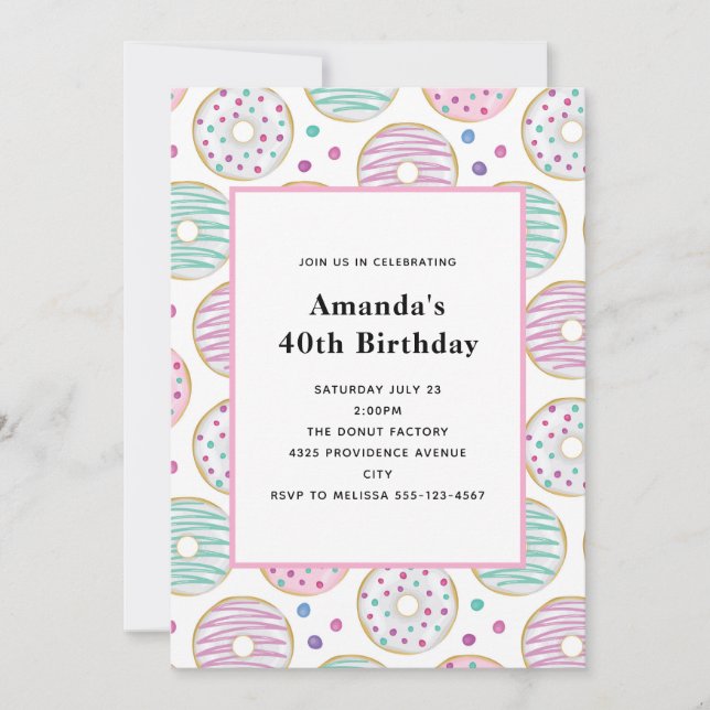 Invitación Cuto colorido Patrón Donut Cumpleaños (Anverso)