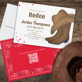 Invitación Cuto cumpleaños Cowboy Rodeo Rojo Bandana QR Códig
