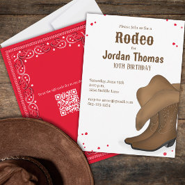 Invitación Cuto cumpleaños Cowboy Rodeo Rojo Bandana QR Códig