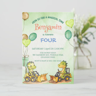 Invitación Cuto dinosaurio Excavator tractor balón Cumpleaños