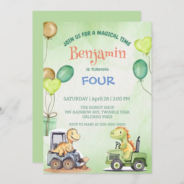 Invitación Cuto dinosaurio Excavator tractor balón Cumpleaños (Anverso / Reverso)