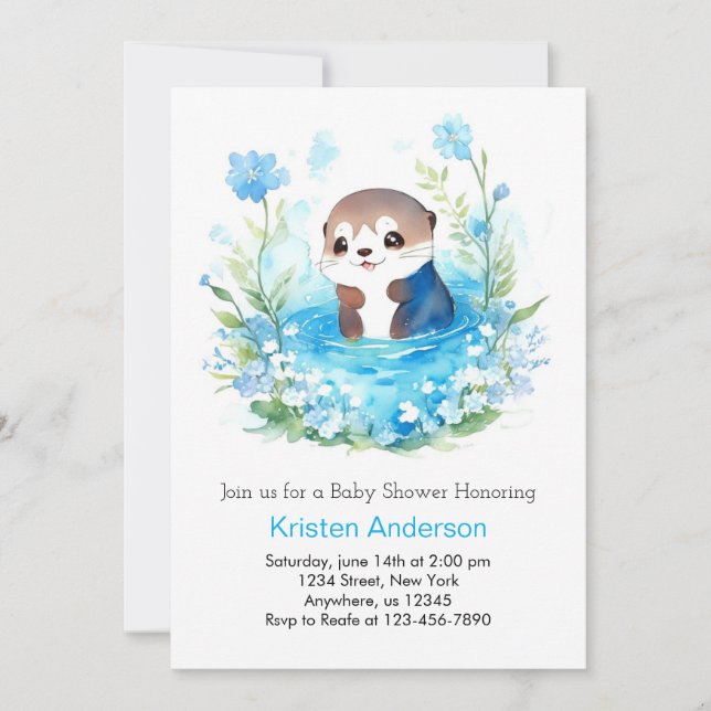 Invitación Cuto editable Blue Floral Otter Boy Baby Shower (Anverso)
