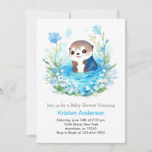 Invitación Cuto editable Blue Floral Otter Boy Baby Shower