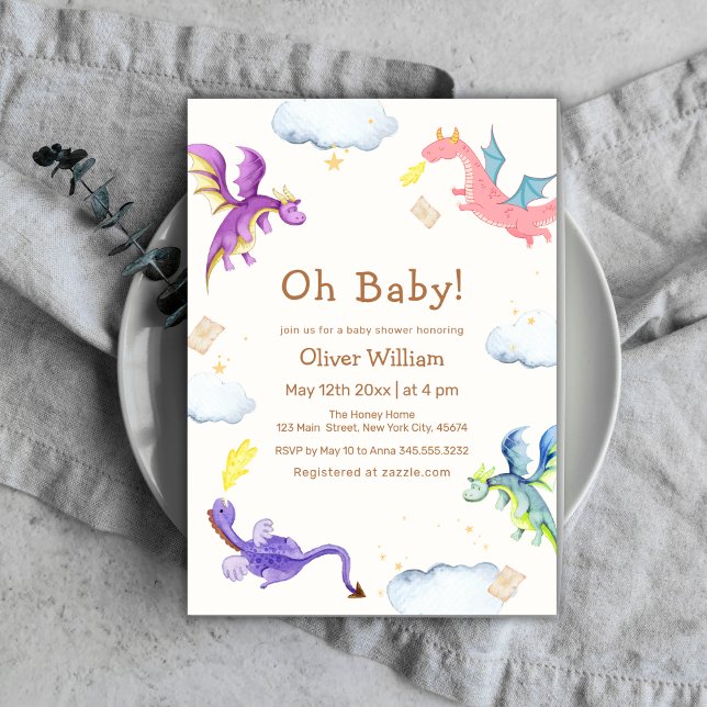 Invitación Cuto Fairytale Magic Dragon Baby Shower (Cute Fairytale Magic Dragon Baby Shower Invitation)