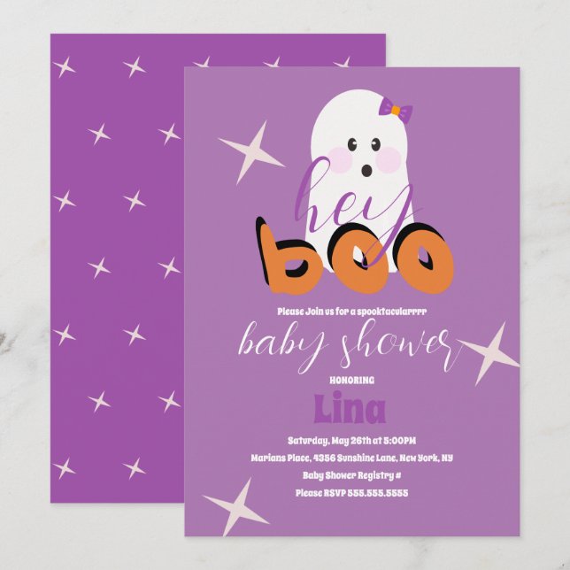 Invitación Cuto fantasma Halloween Baby Shower Retro Script I (Anverso / Reverso)