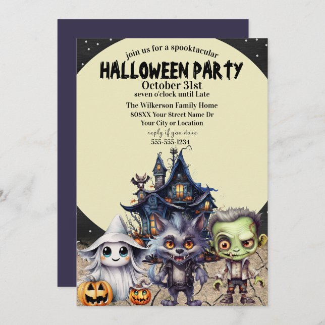 Invitación Cuto Fiesta de disfraces de Halloween y casa embru (Anverso / Reverso)
