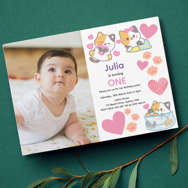 Invitación Cuto gatito con chica de foto bebé cumpleaños (Subido por el creador)