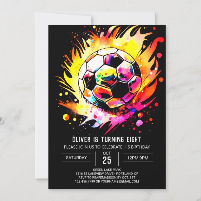 Invitación Cuto Goal Watercolor Soccer Birday (Anverso)