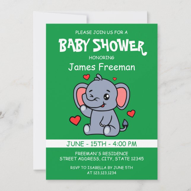 Invitación Cuto Green Vector Boy Elephant Baby Shower (Anverso)