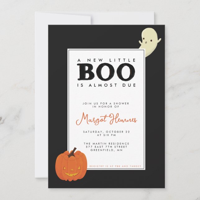 Invitación Cuto, ilustrado Pequeño Boo fantasma y calabaza be (Anverso)