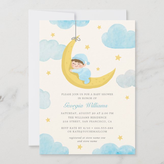 Invitación Cuto Little Star Moon Watercolor Baby Shower (Anverso)