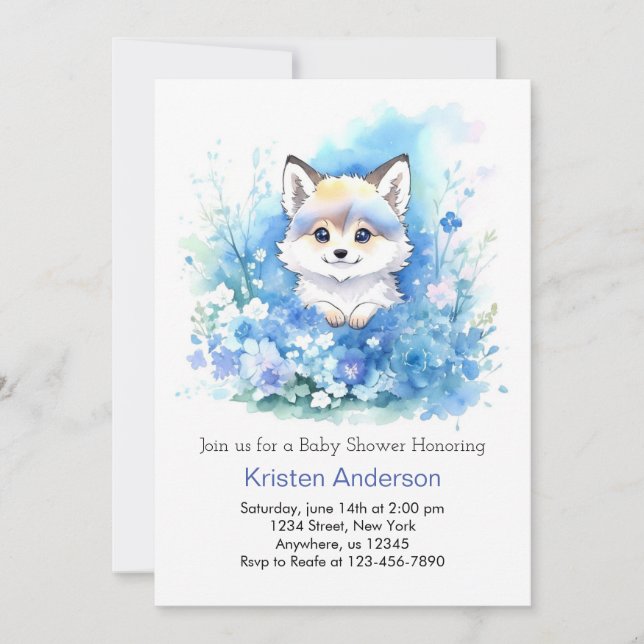 Invitación Cuto Lobo Azul Whimsical Woodland Boy Baby Shower (Anverso)