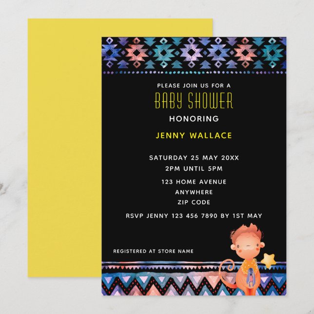 Invitación Cuto mono Baby Shower fondo negro (Anverso / Reverso)
