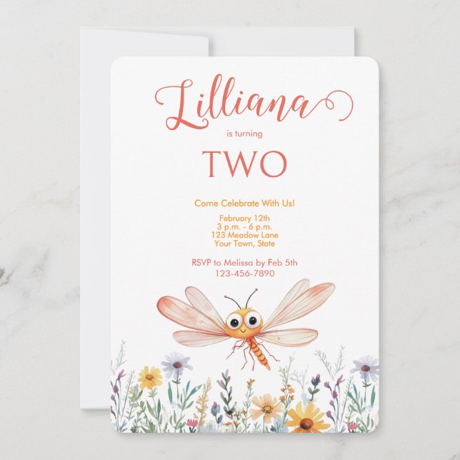 Invitación Cuto Naranja acuarela Chica de libélula cumpleaños (Anverso)