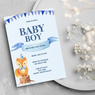 Invitación Cuto Naranja Blue Watercolor Fox Boy Baby Shower