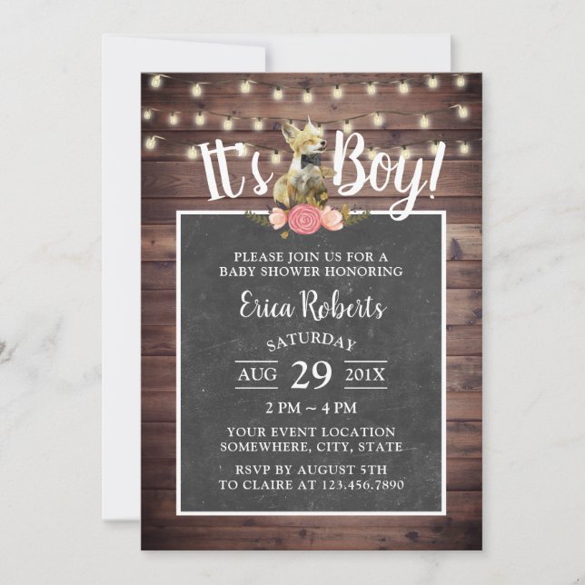 Invitación Cuto niño Fox Rustic Chalkboard Baby Shower (Anverso)